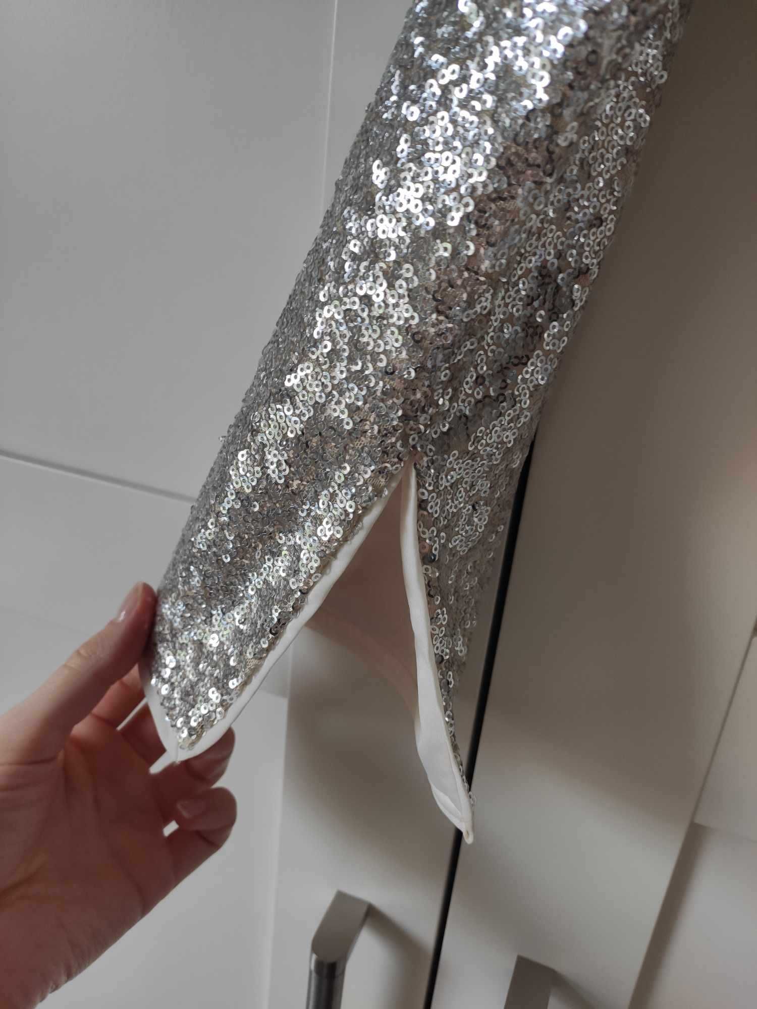 Sukienka elegancka cekinowa srebrna maxi midi H&M
