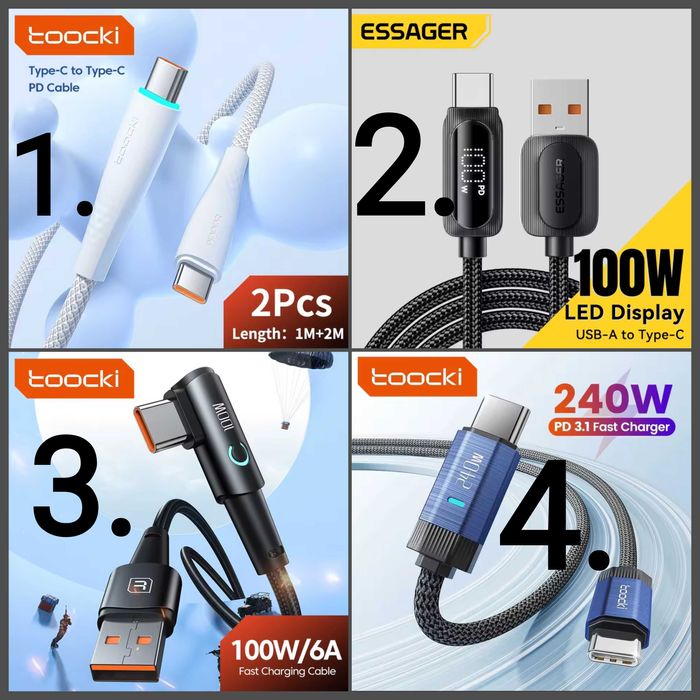 Кабель зарядки usb  A-C, C-C 1м, 2м, 3м  Essager Toocki, 100W/240W