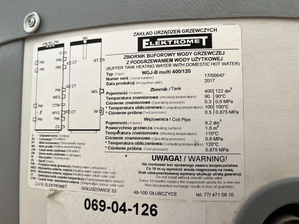 Bufor . Zbiornik buforowy ELEKTROMET WGJ-B multi 400/120L