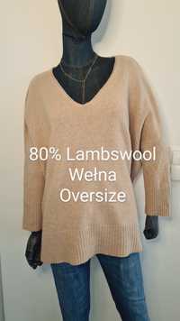 Sweter 80% Lambswool Wełna Wool. Rozmiar oversize/ XXL. Beżowy Kremowy