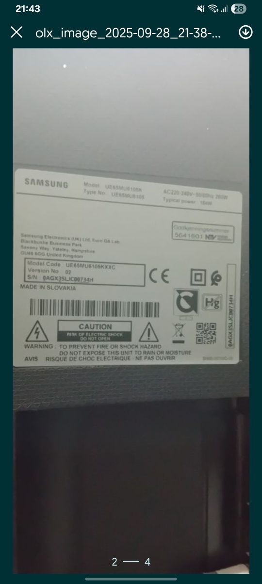 Samsung TV modelo: 0AGX3SLJC00734H