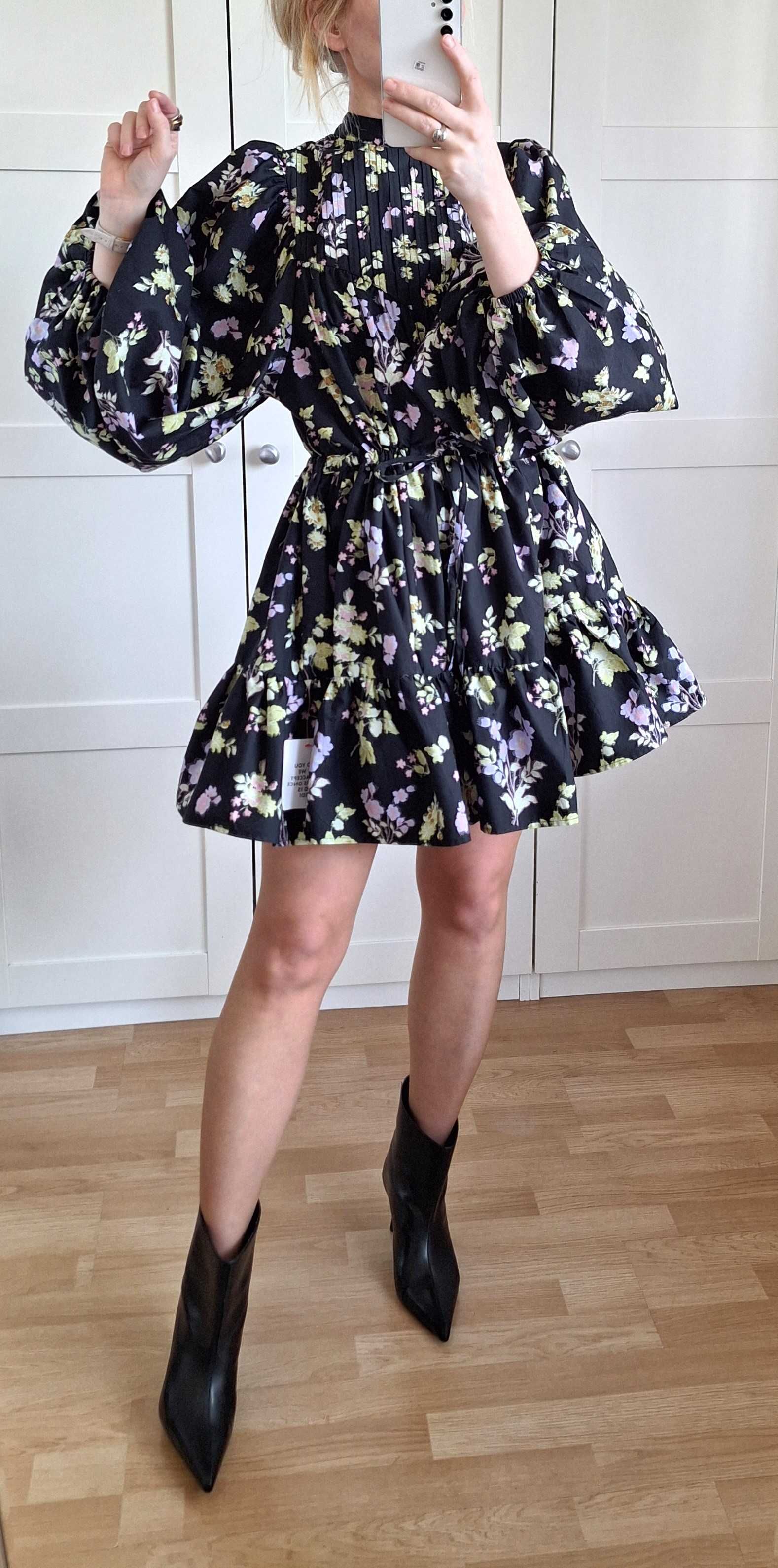 Asos Design Nowa Sukienka Mini z Szerokimi Rękawami Stójka Bawełna L