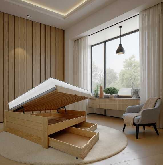 wysokie łóżko drewniane otwierane z 3 pojemnikami ALTO 90x200 +150 kg!