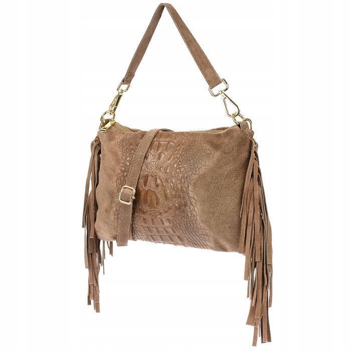 Damska włoska skórzana torebka croco frędzel pasek stylowa casual nowa