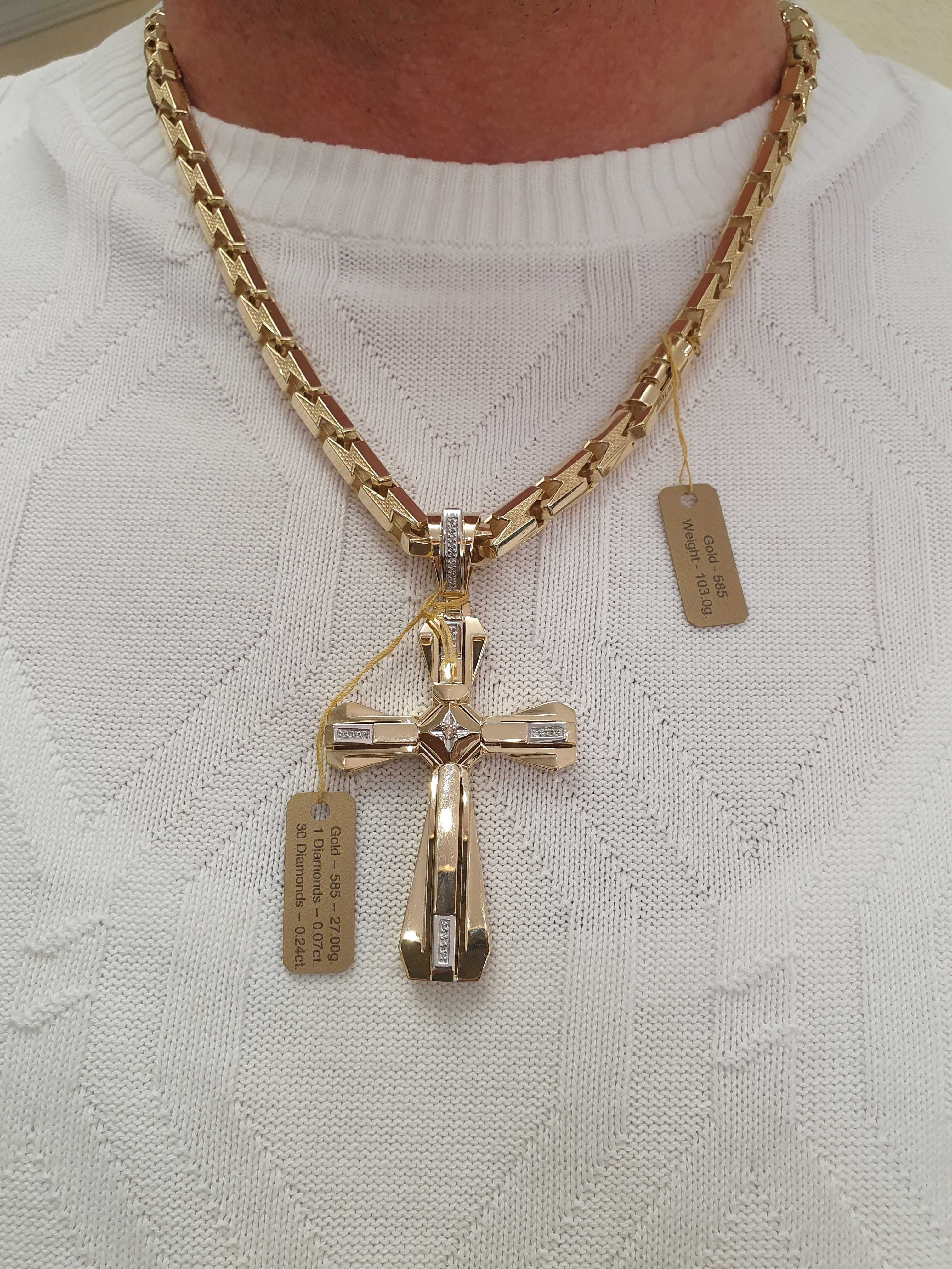 Złoty Łańcuch-130gr+KRZYŻ Z DIAMENTAMI-31szt-Złoty łańcuszek męski 585