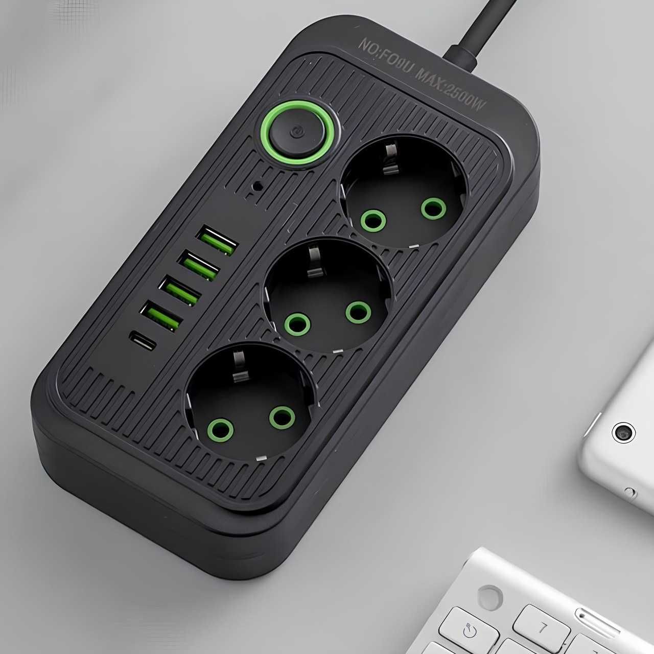 Удлинитель Сетевой фильтр 2500Вт, 2м, (3×220В + 4×USB + 1×Type-C)