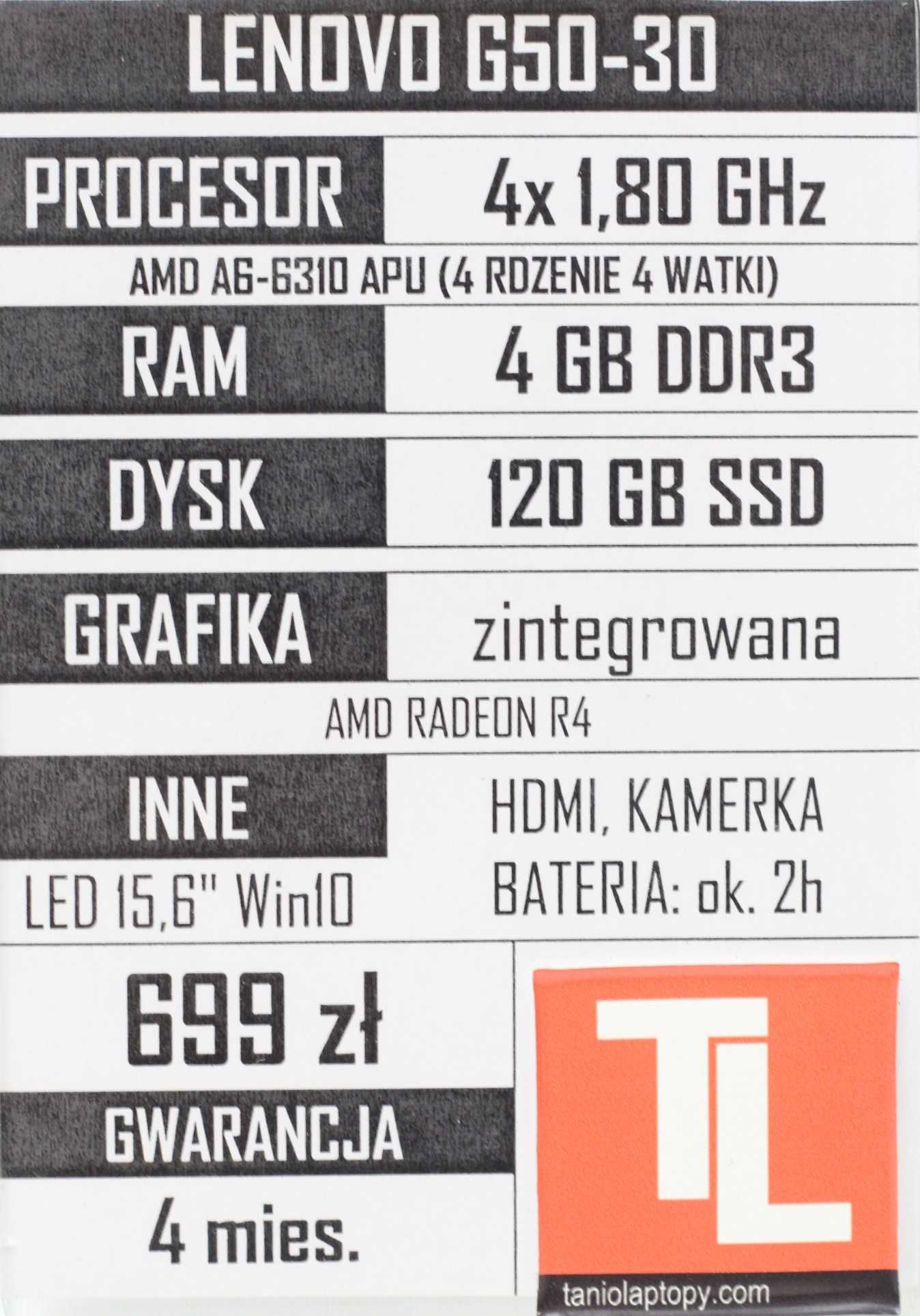 Lenovo G50-30, 4x 1,80GHz, 4GB DDR3, 120GB SSD LED 15,6"