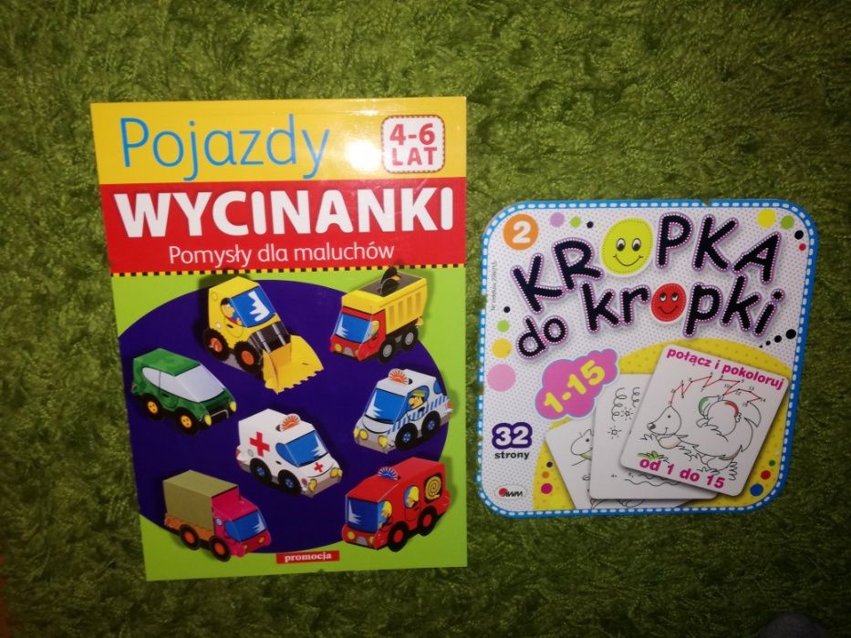 2 książki dziecko Pojazdy wycinanki 4-6 lat/Kropka do kropki 1-15 NOWE