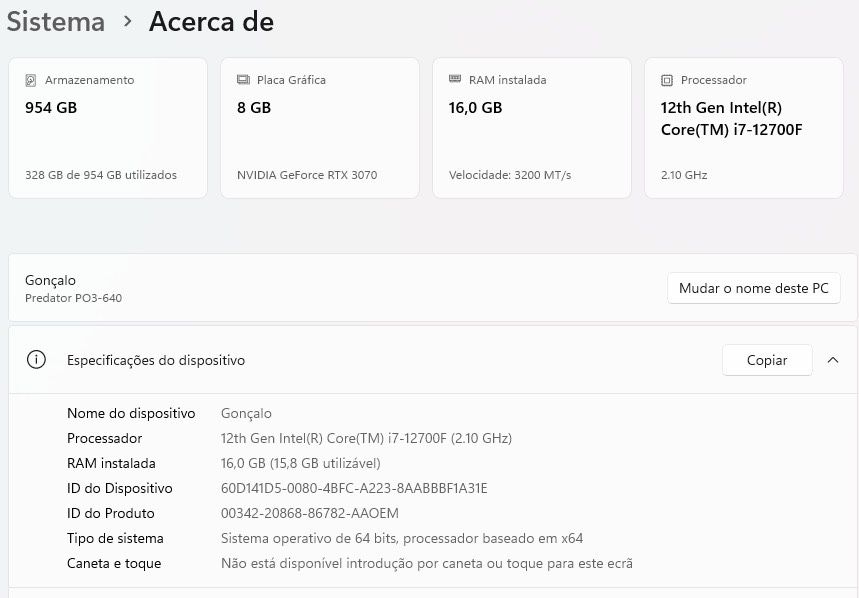 Desktop Gaming Acer Predator RTX 3070 I7-12700f