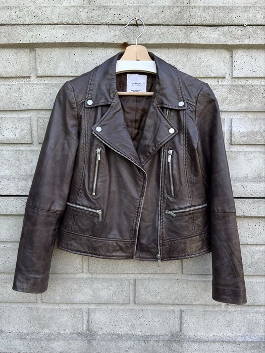Brązowa skórzana kurtka, ramoneska Mango, 100% skóra owcza, rozmiar M