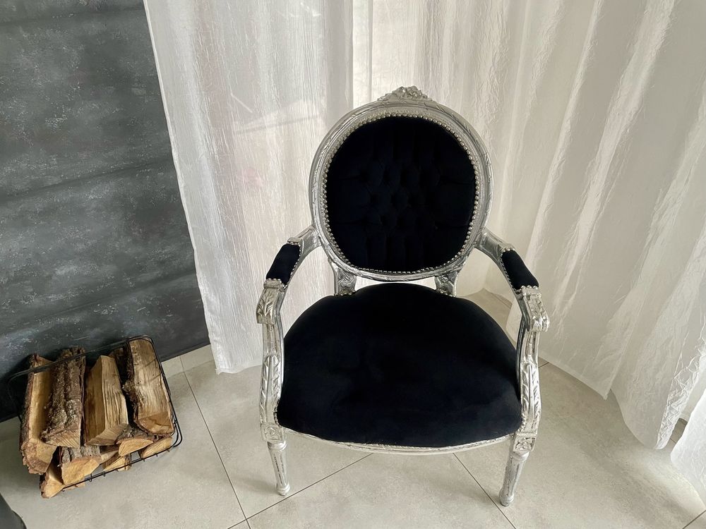 Fotel Ludwik ludwikowski czarno srebrny Glamour  zdobienia krzesło