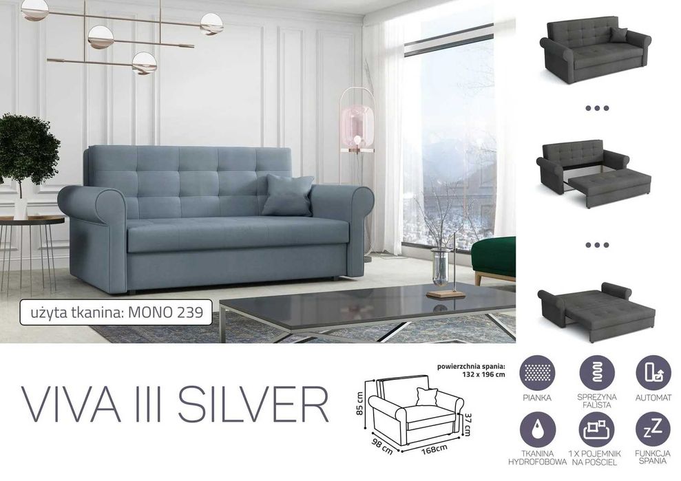 Sofa z funkcją spania Viva 3 Silver Darmowa dostawa