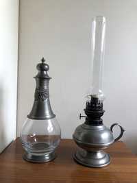 Garrafa e lamparina de estanho
