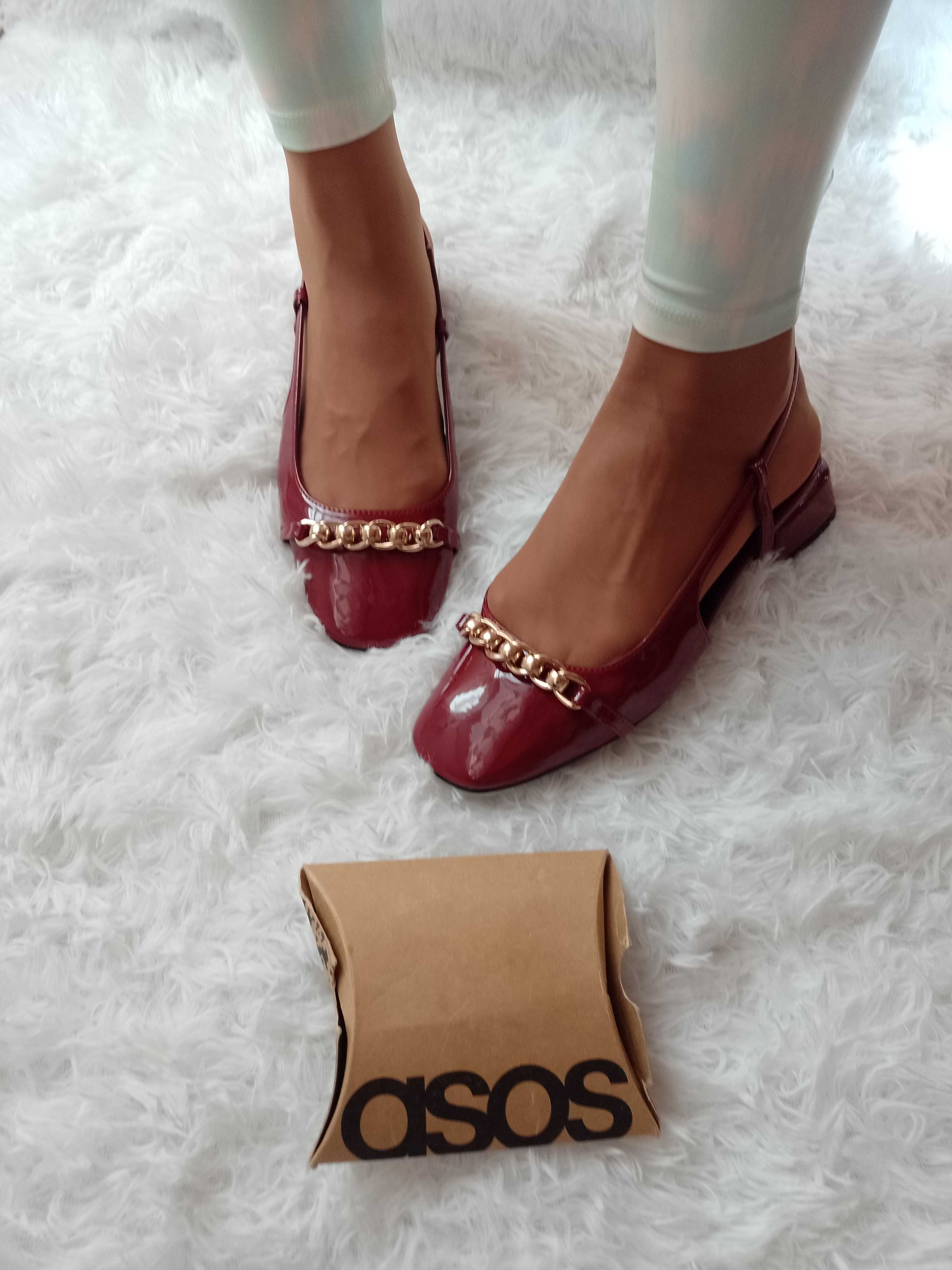 (39) ASOS/ Bordowe baleriny czółenka z odkrytą piętą z Londynu, NOWE