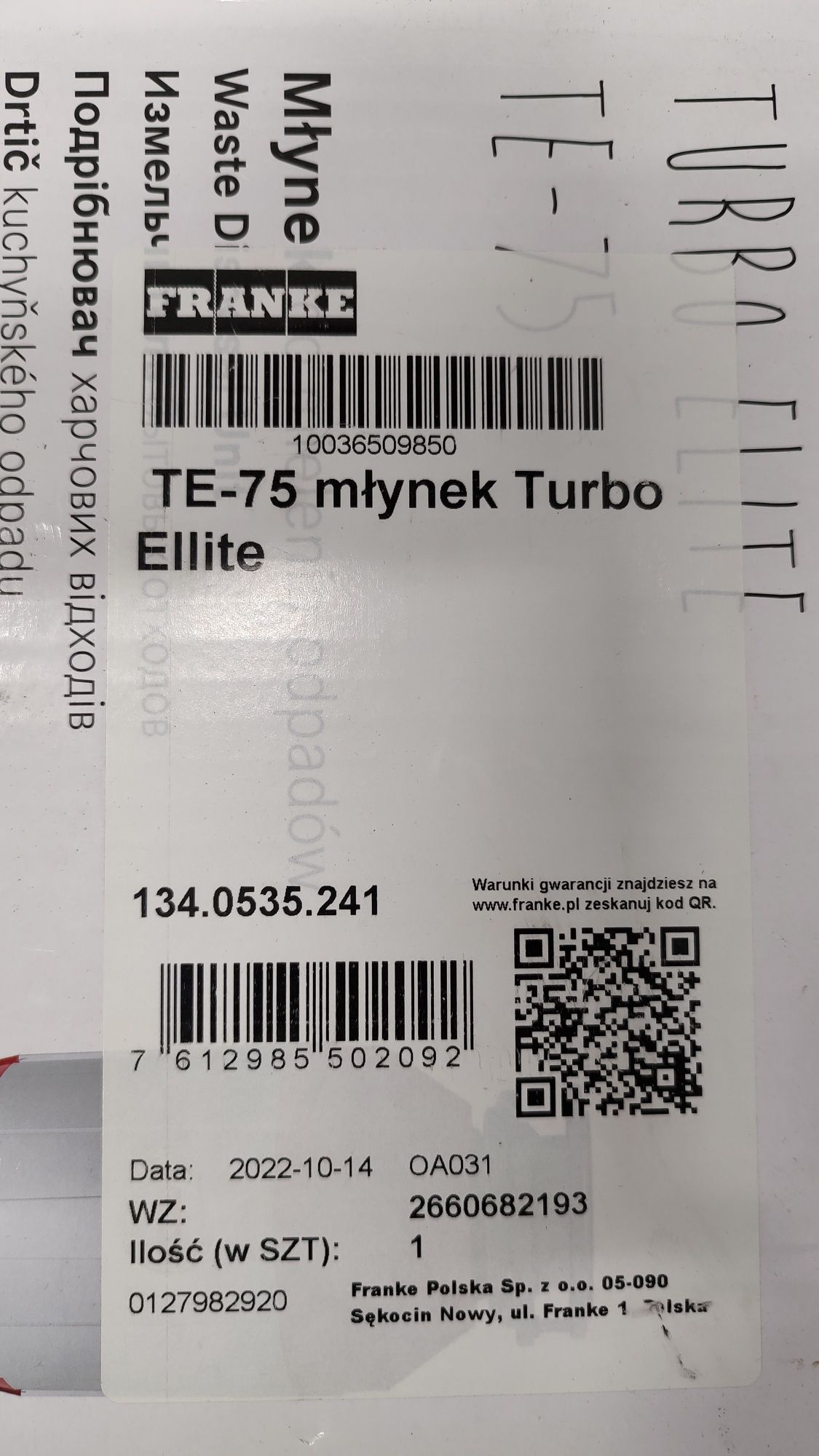 Młynek do rozdrabniania mielenia odpadów Franke turbo Elite TE-75