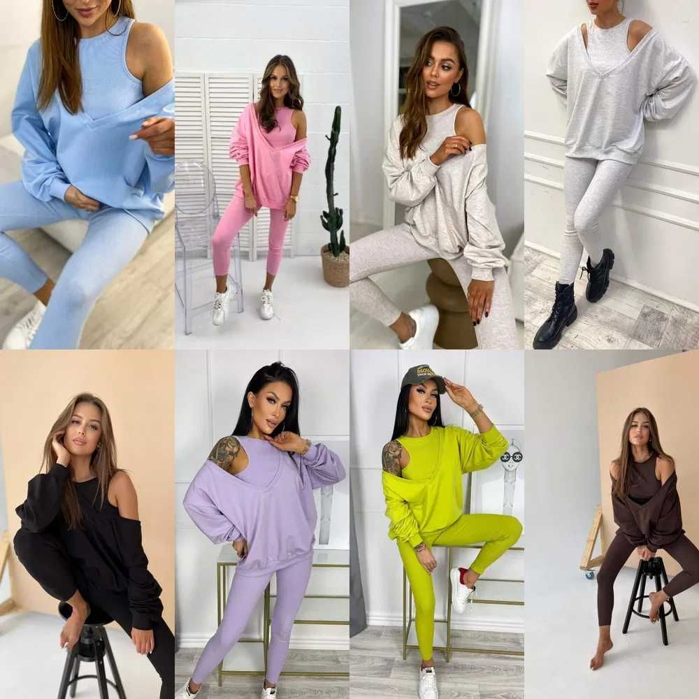 Komplet 3 częściowy bawełniany. Top i legginsy prążek, bluza oversize