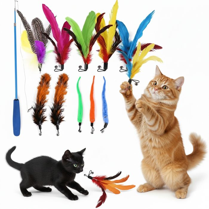 Zabawka dla kota wędka z piórkami 10 elementów wymiennych