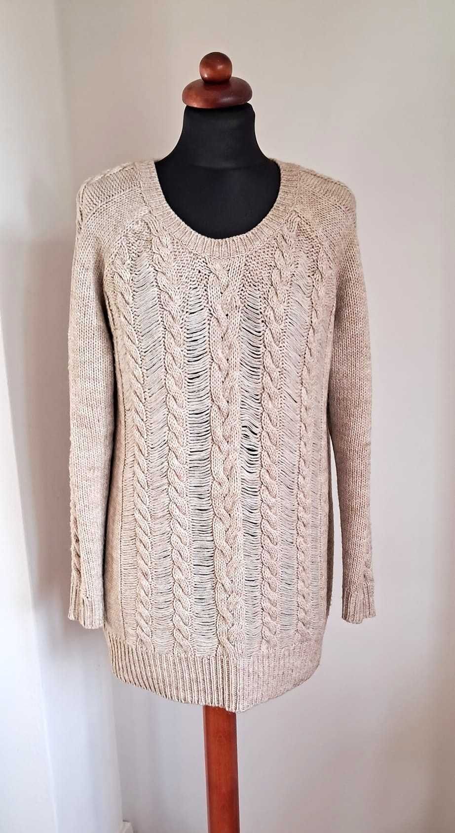 Sweter H&M z wełną M oversize beż ecru warkocze