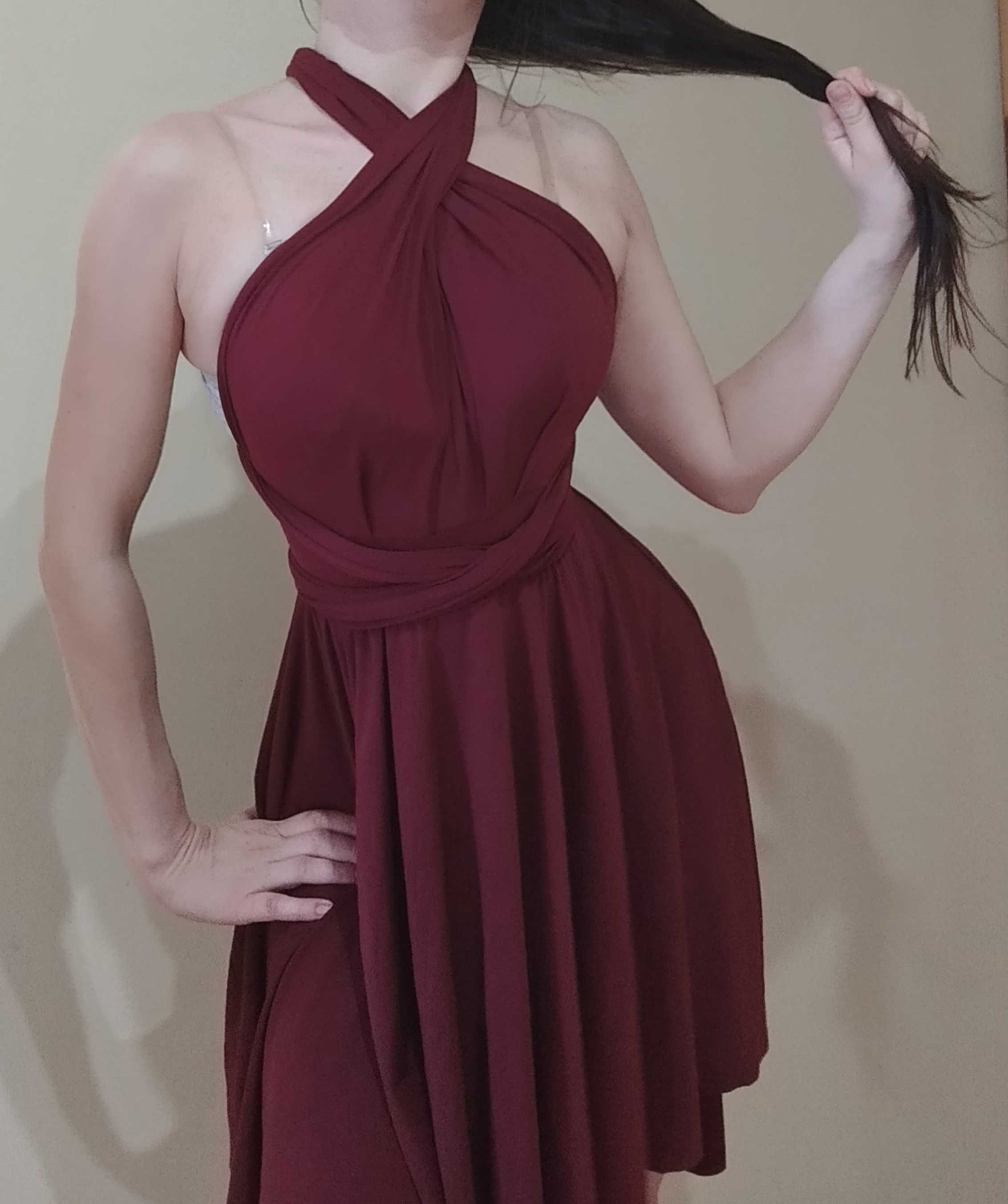 sukienka krótka sexy bordowa z Hiszpanii elegancka plecy wiązana