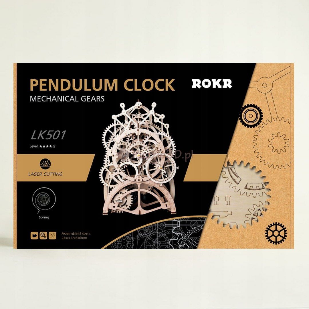 Zegar z wahadłem drewniane, mechaniczne puzzle 3D