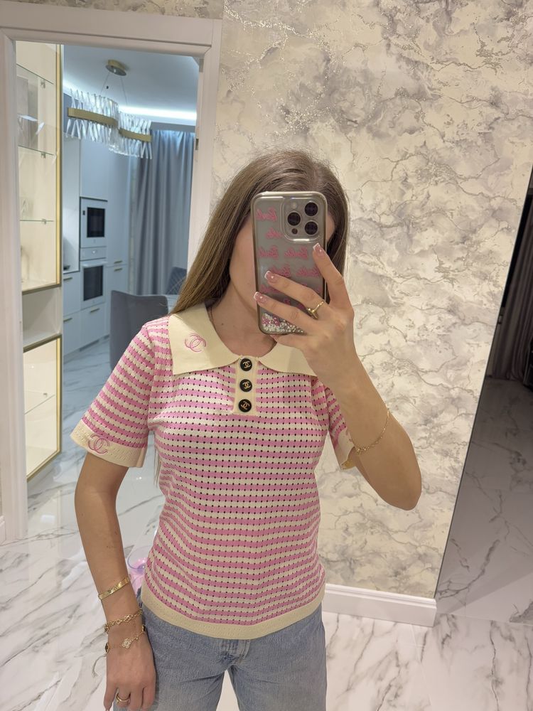 Розовая белая полоска футболка поло chanel