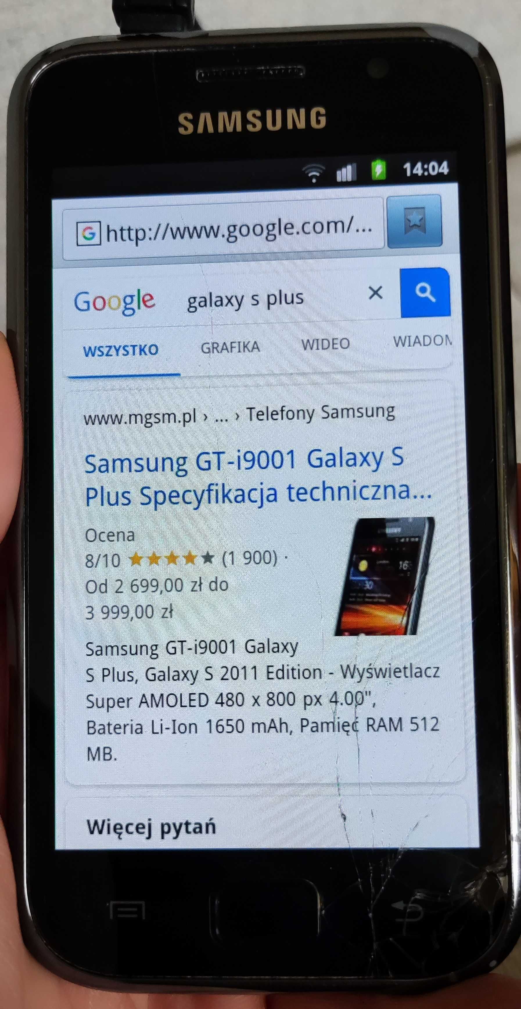 Samsung Galaxy S Plus GT-I9001, CZARNY, 512MB RAM / 8GB,  4"