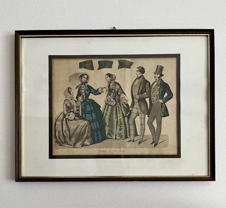 *Stara Piękna Moda Biedermeier XIX Francja Suknia Frak Obraz grafika