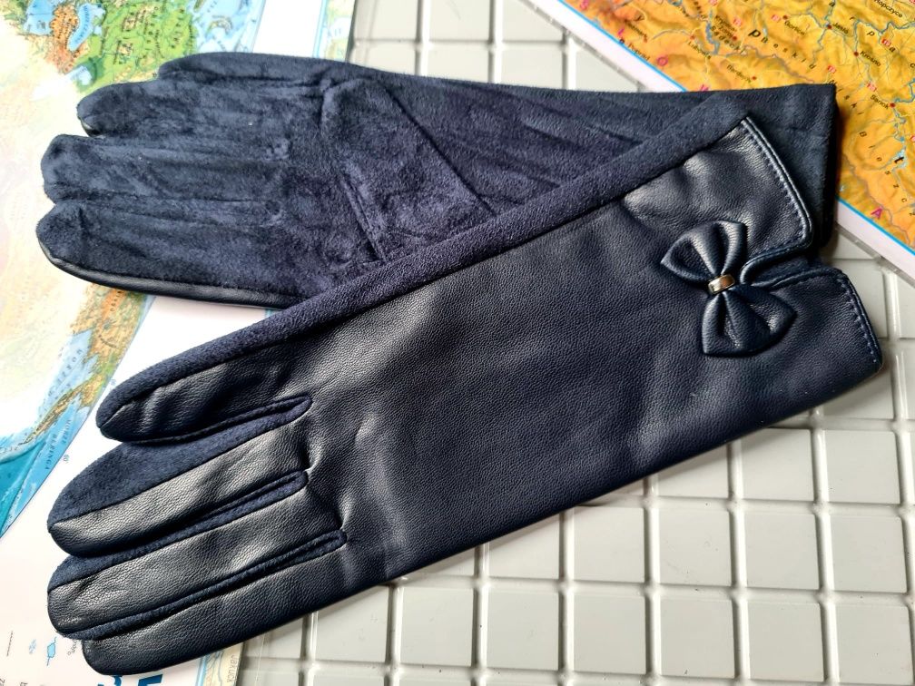 Nowe modne zimowe rękawiczki damskie z Kokardką granat