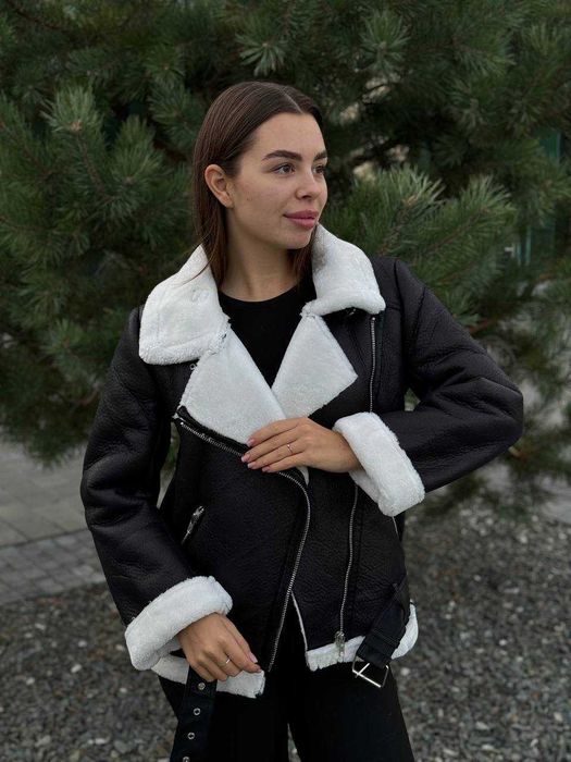 Дублянка жіноча S-XL з еко-хутром чорна білий комір до -10 градусів