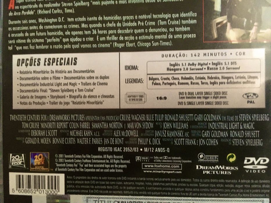 Relatorio Minoritario DVD 9Gb DTS 5.1 - Tom Cruise Minority Report 2 Discos (Portes CTT GRÁTIS)
