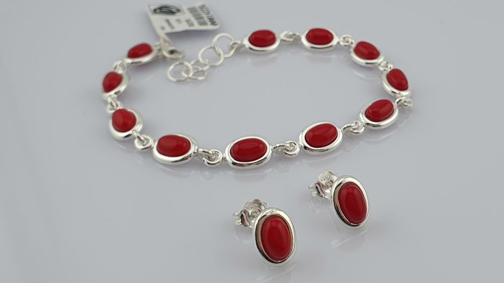 Komplet srebrny pr.925 bransoletka kolczyki z koralem.