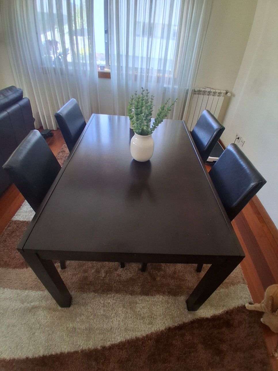 Mobilia de sala:mesa com 4 cadeiras e dois sofas e mesa de centro