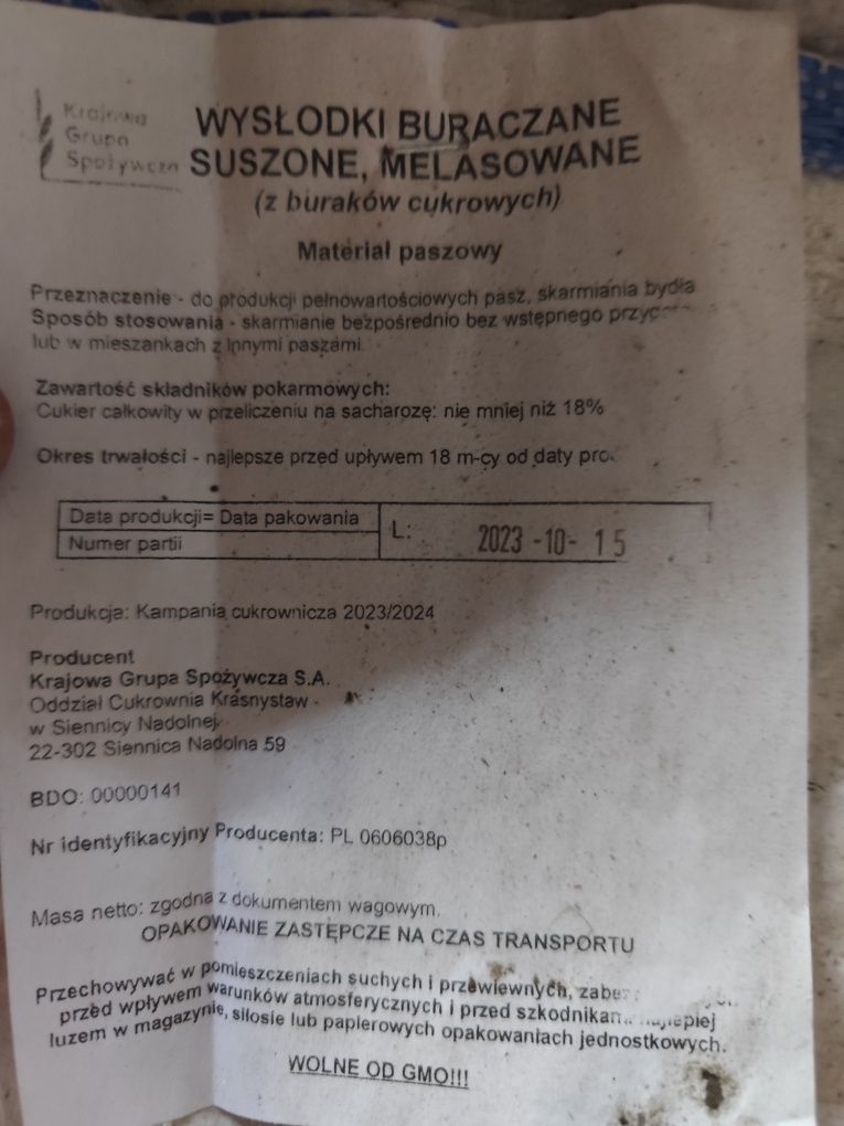 Wysłodki buraczane suche melasowane transport do 50km BigBag