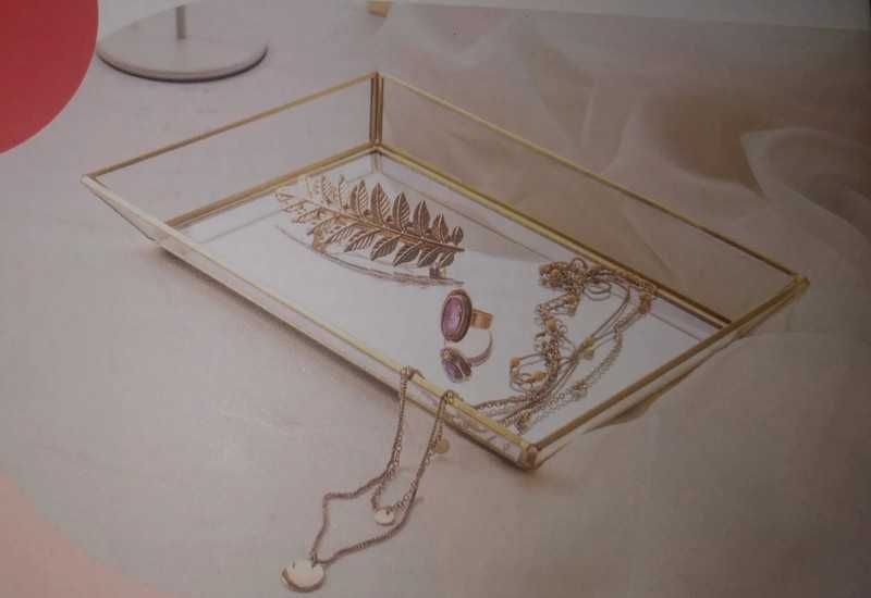 Szklana taca ze złotym wykończeniem z lusterkiem-24x16x3cm