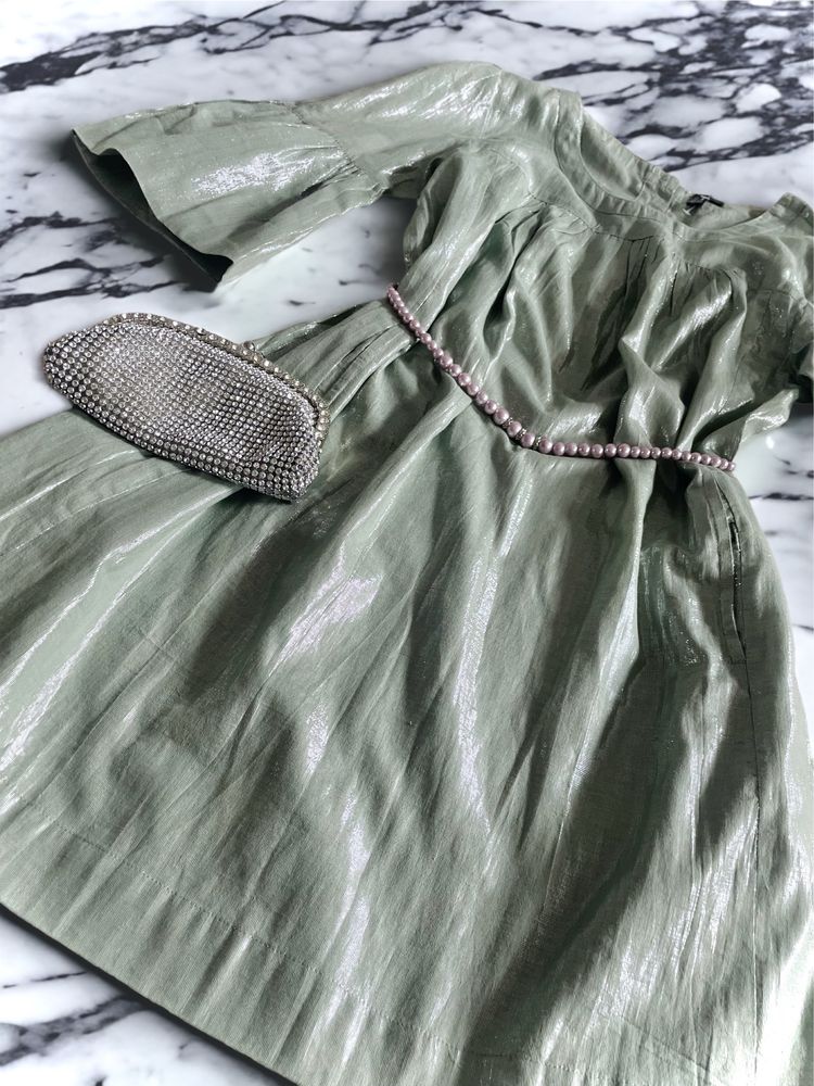 Elegancka szaro-zielona mieniąca się bawełniana sukienka