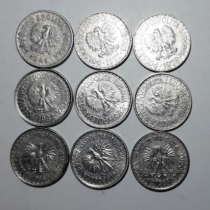 1 złoty z okresu PRL-u, 9 szt. monet - różne roczniki