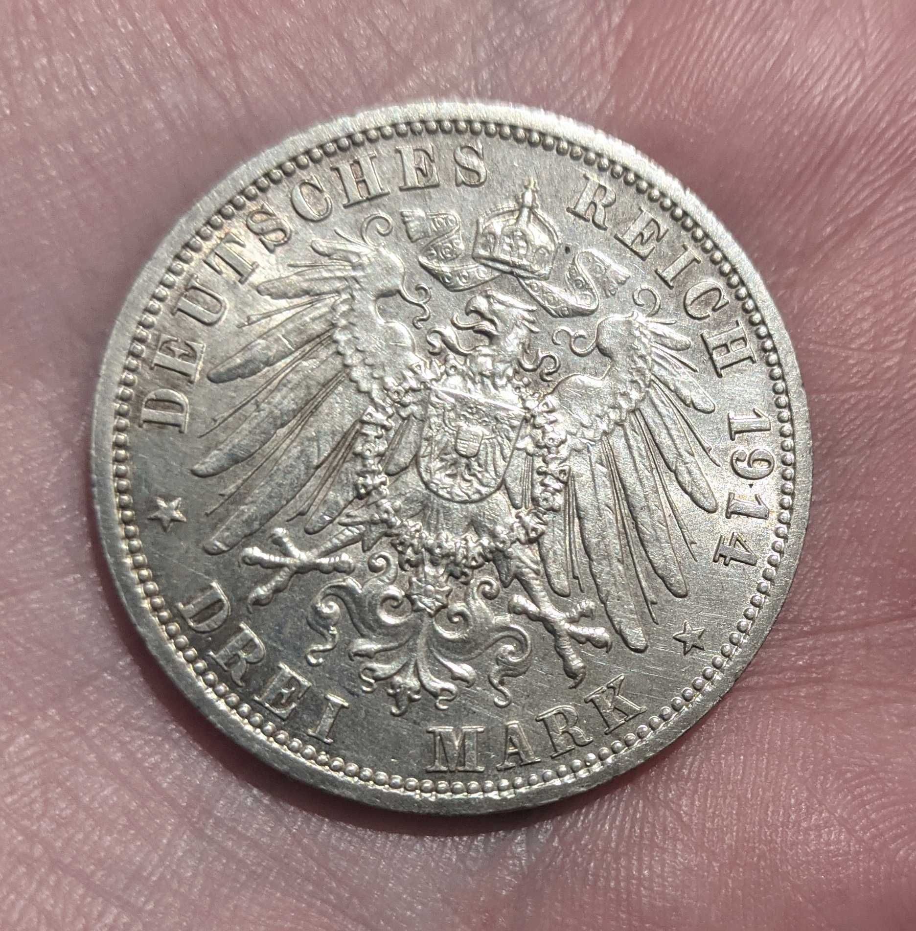 3 марки 1914 г. Пруссия Вильгельм Германская империя Штемпельная