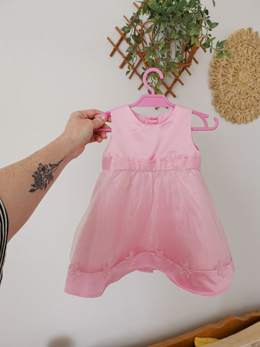 Sukienka wyjściowa bez rękawów, różowa, wesele, chrzest, elegancka, 68