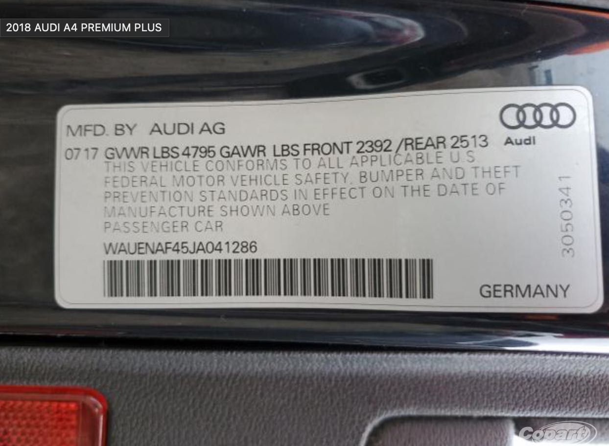 AUDI A4 PREMIUM PLUS 2018 під пригін з США