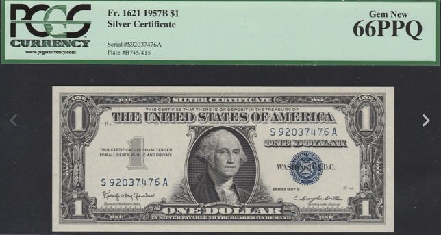 1$ доллар США 1957 B silver cert PCGS graded Gem New 66!!! 476 A (122)