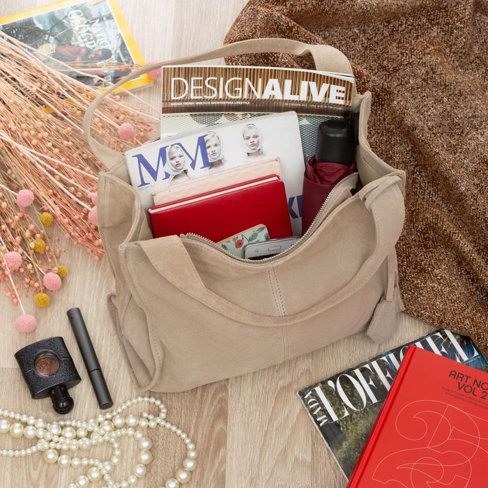 VERA PELLE torebka zamszowa shopper klasyczna na ramię V624 beżowa