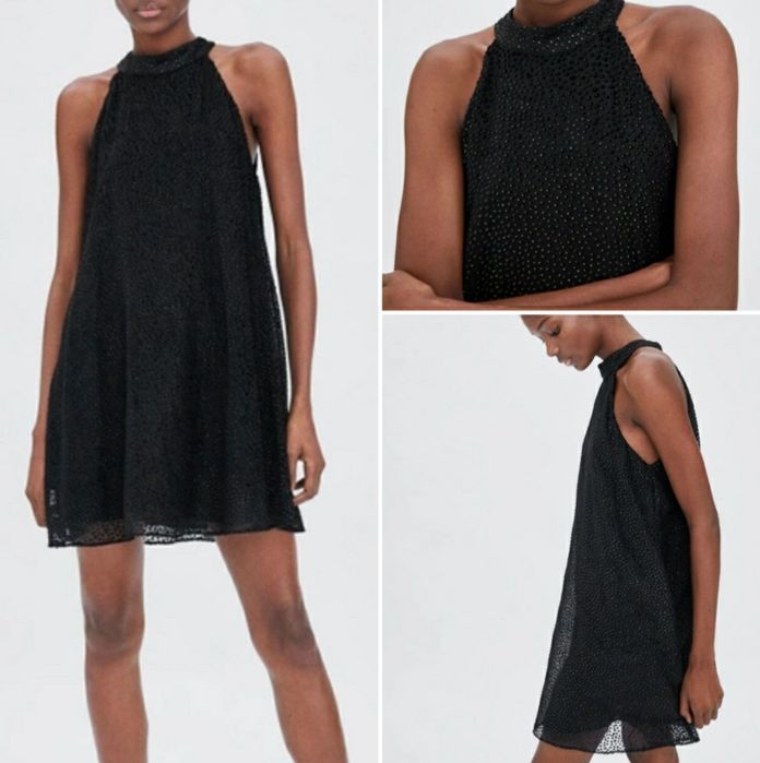 Zara trapezowa mini sukienka czarna w złote kropeczki rozm. M