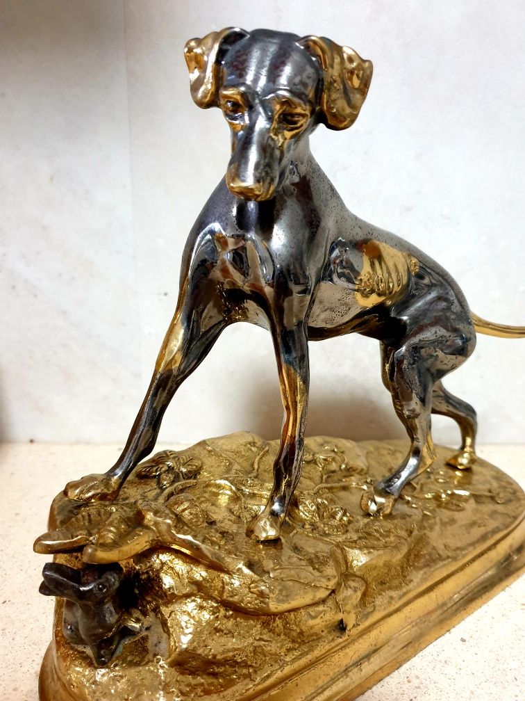Antiga escultura em bronze - cão com coelho- Jules Moigniez