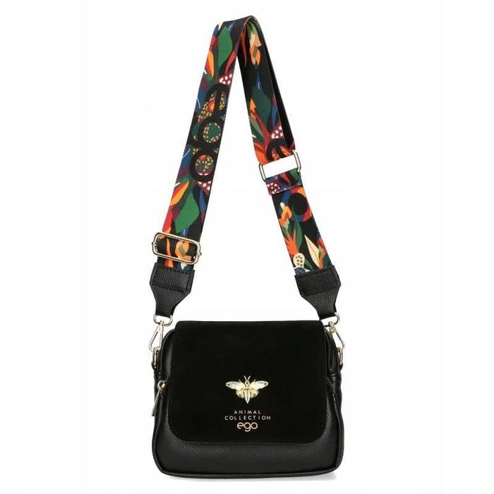 EGO Torebka Damska Listonoszka Na Ramię Czarna Zamsz Pszczółka 2 Paski