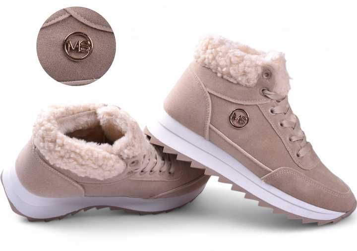 Buty Damskie Sneakersy MS Zimowe Ocieplane za kostkę beżowe r.39