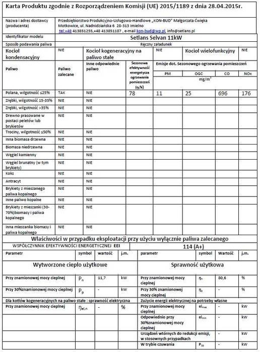 Kocioł / piec  SETLANS SELVAN 11kW 5 klasa