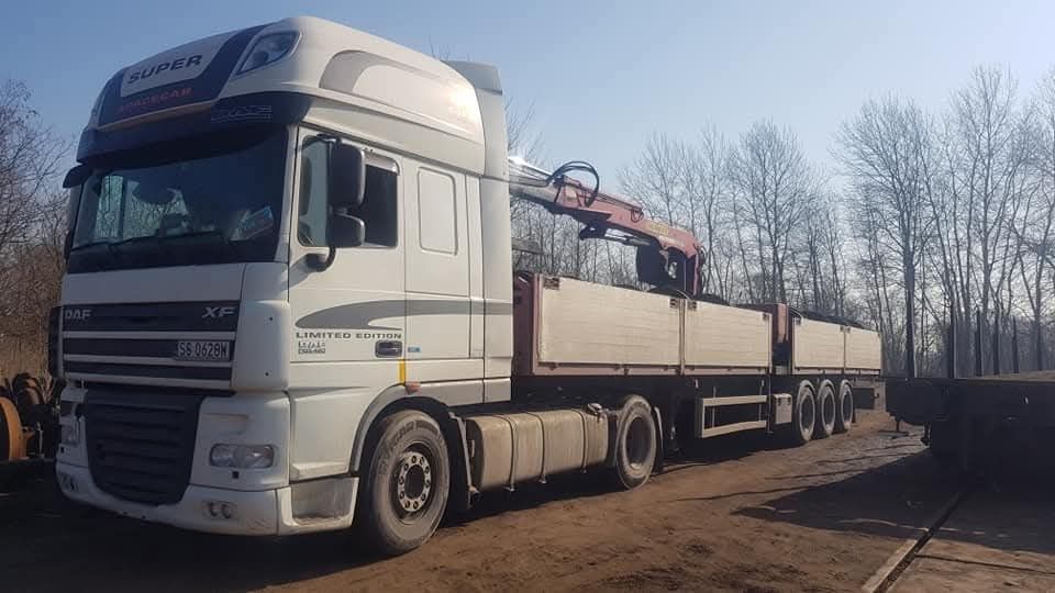 Transport HDS / platforma ,materiały budowlane, kostka, osie kolejowe.