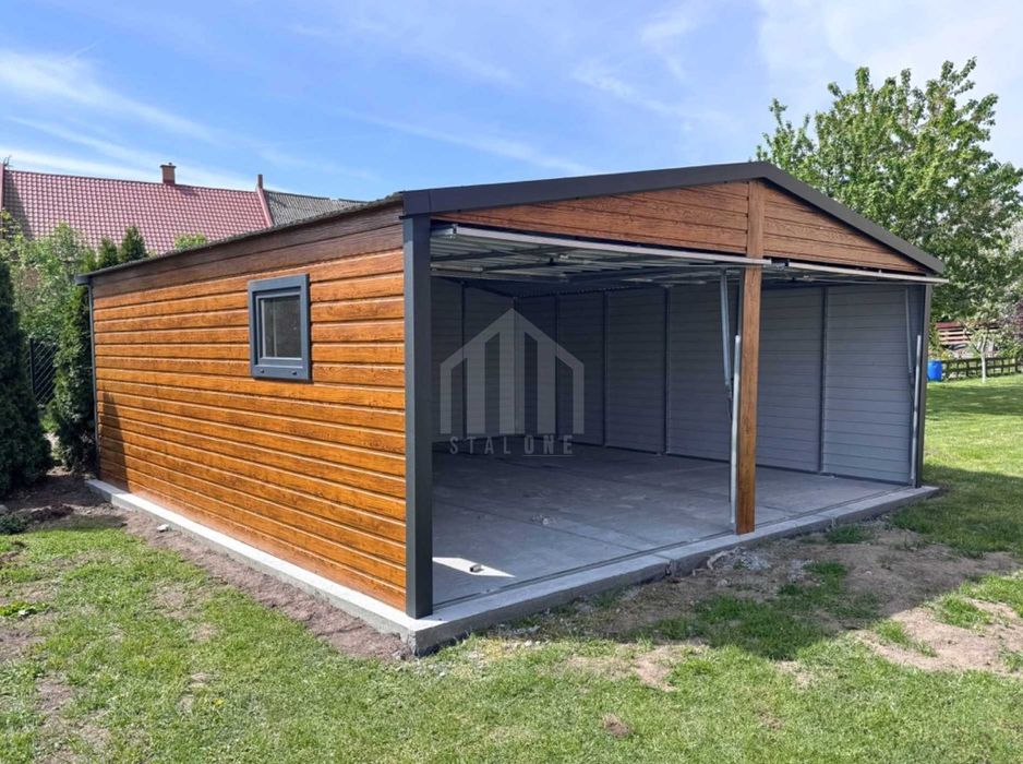 Garaż blaszany 6x5m -2x brama - okno - antracyt - drewnopodobny SO129
