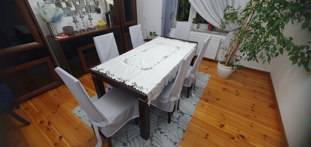 Krzesła 6 sztuk z pełnego drewna z pokrowcami, krzesło brązowe