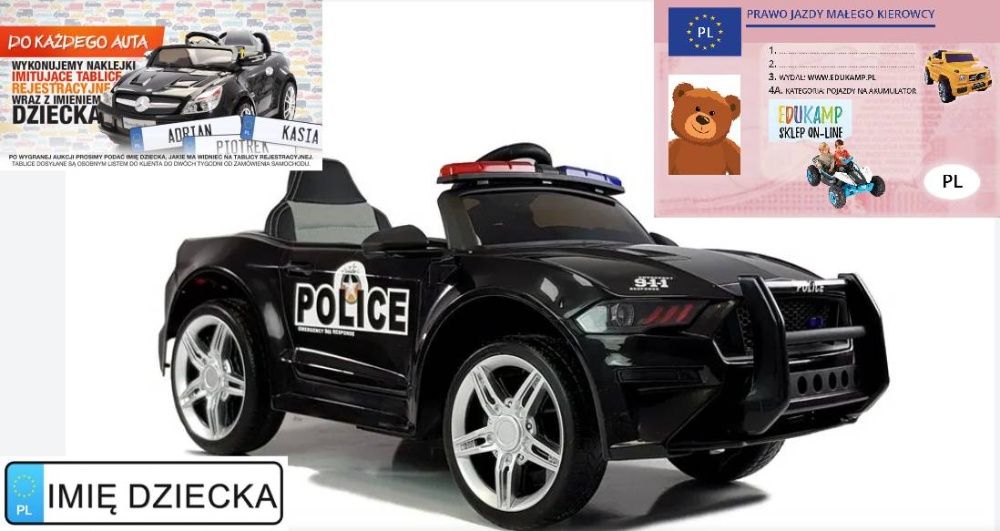 Auto na Akumulator dla dzieci BBH0007 Policja 2x45W koła EVA, Ekoskóra